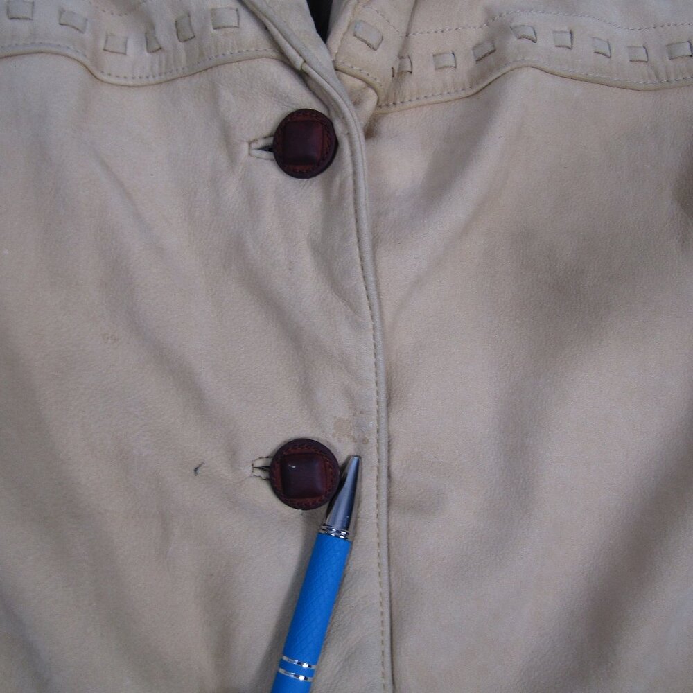 Territoy Ahead Women Small Beige Genuine Leather Button Up Coat Jacket Blazer - Picture 4 of 8